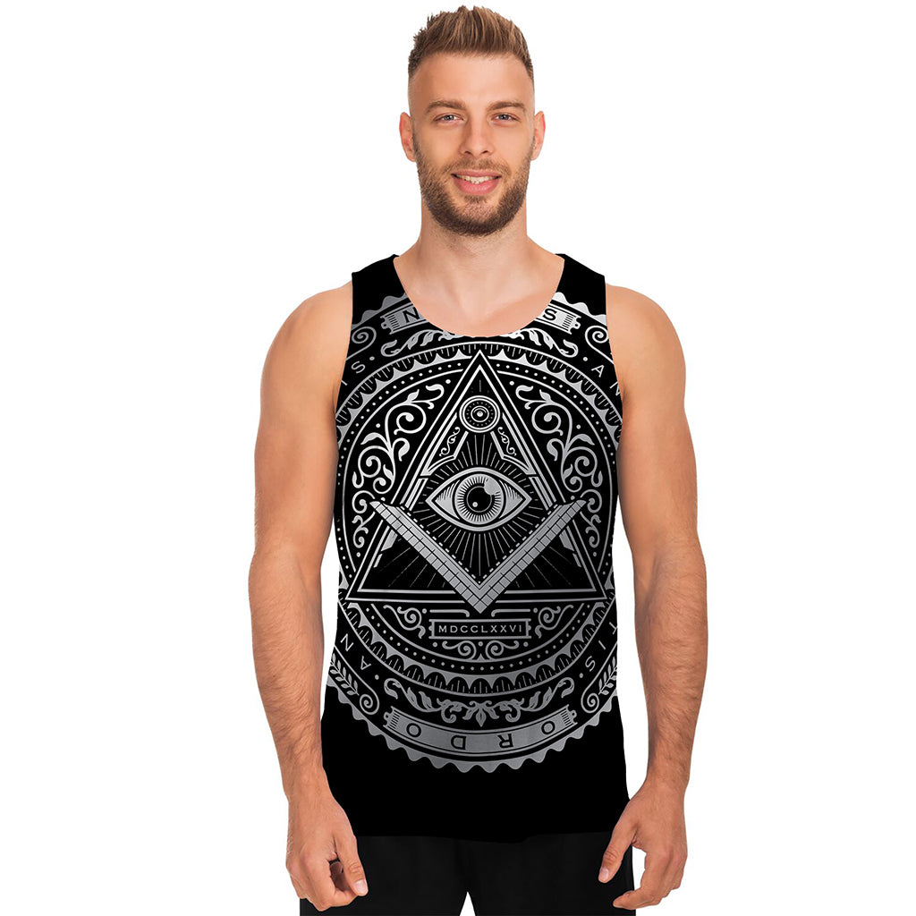 Silver And Black All Seeing Eye Print Men's Tank Top