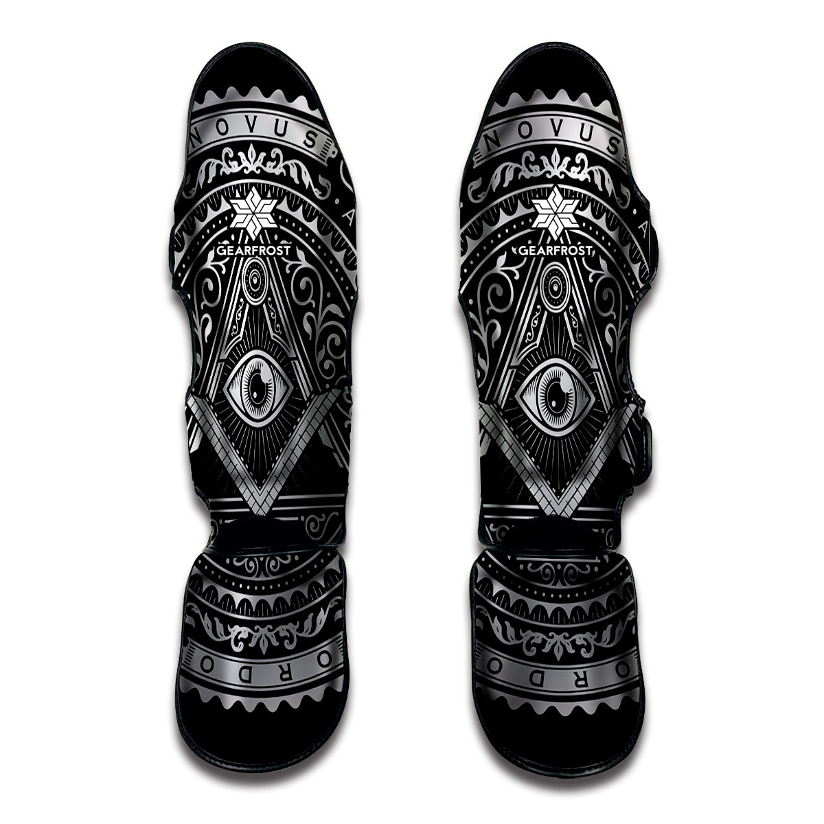 Silver And Black All Seeing Eye Print Muay Thai Shin Guard