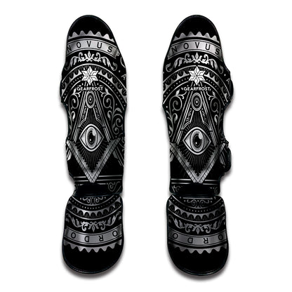 Silver And Black All Seeing Eye Print Muay Thai Shin Guard