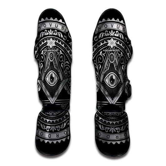Silver And Black All Seeing Eye Print Muay Thai Shin Guard