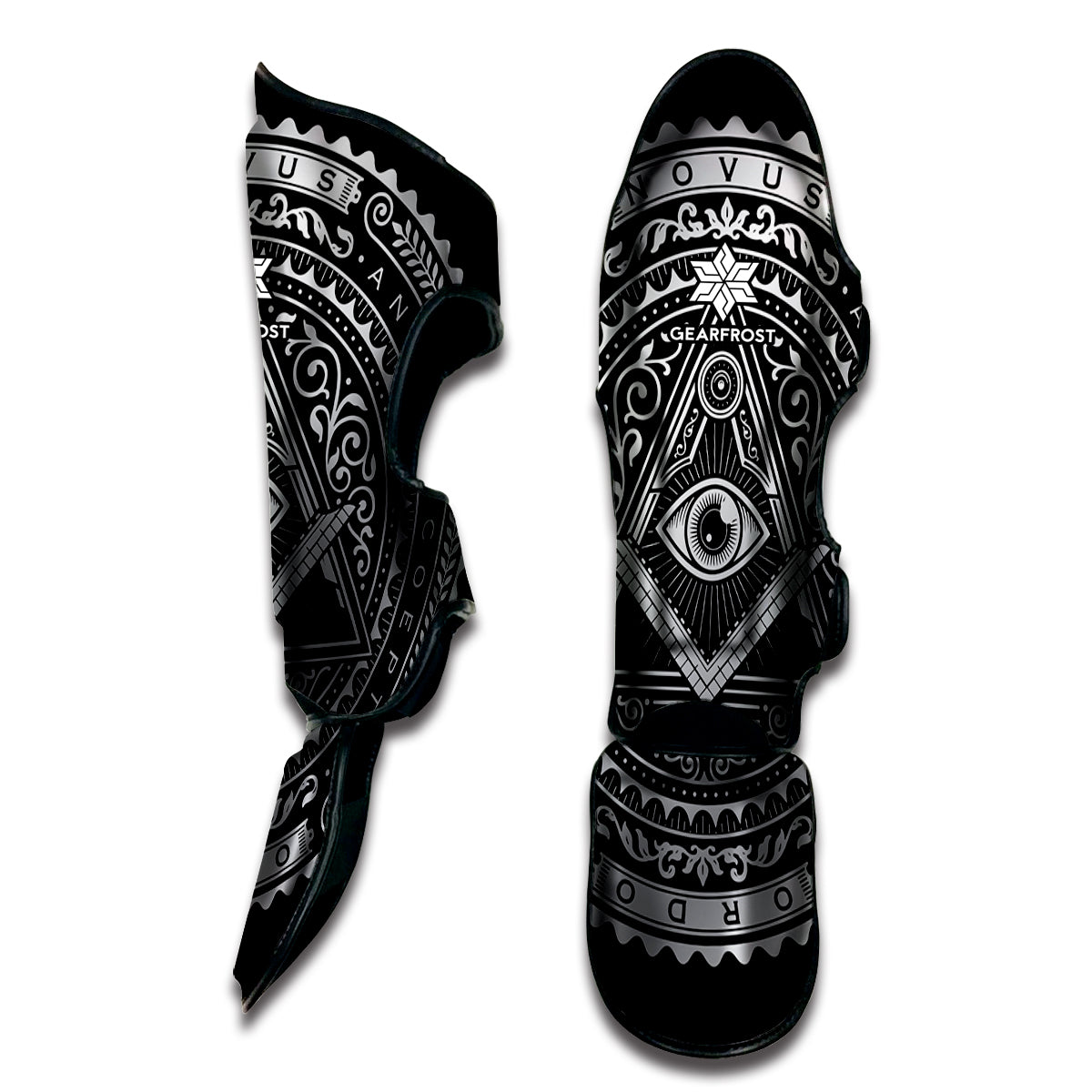 Silver And Black All Seeing Eye Print Muay Thai Shin Guard