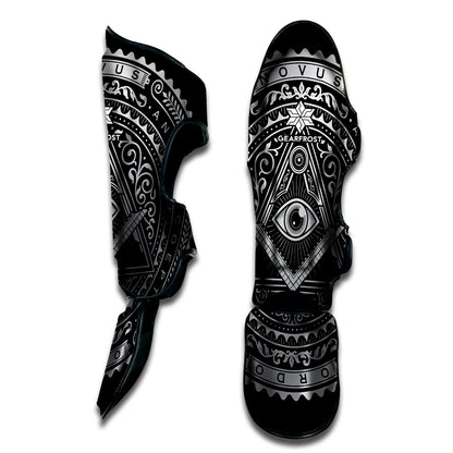 Silver And Black All Seeing Eye Print Muay Thai Shin Guard