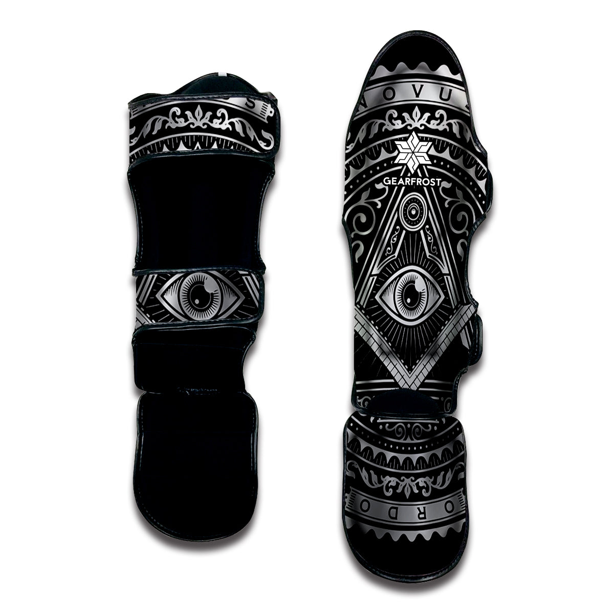 Silver And Black All Seeing Eye Print Muay Thai Shin Guard