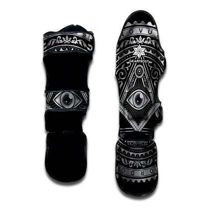 Silver And Black All Seeing Eye Print Muay Thai Shin Guard