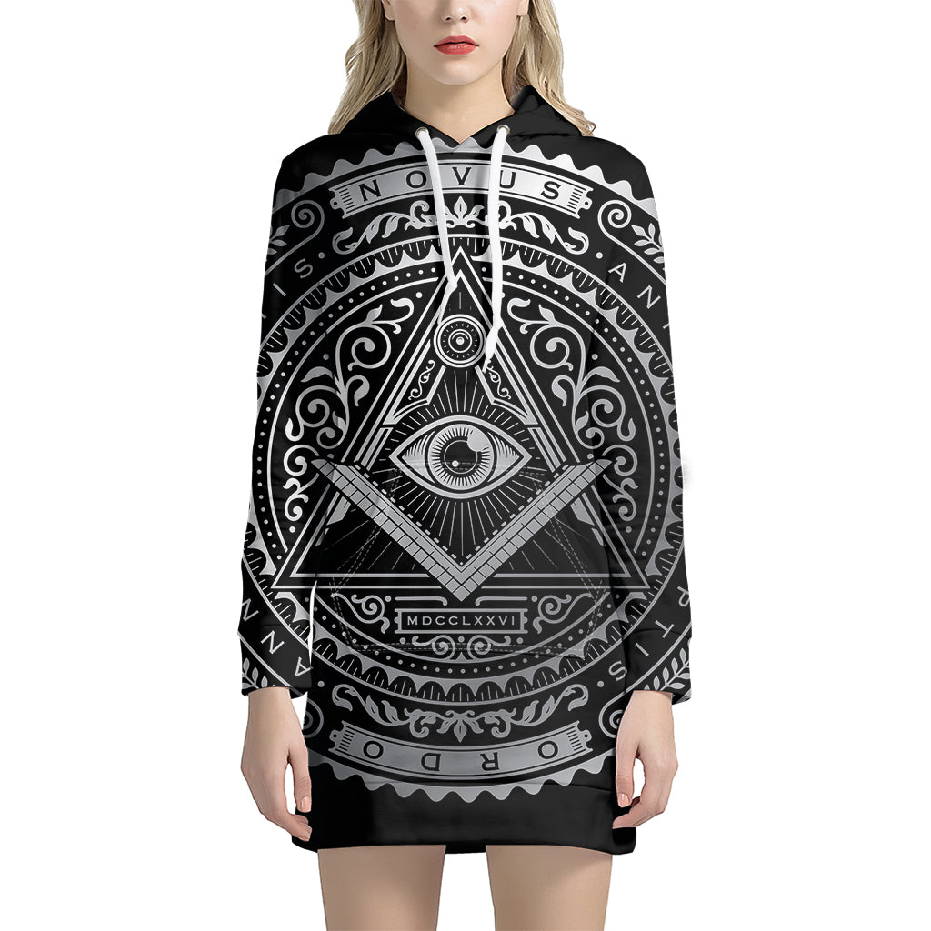 Silver And Black All Seeing Eye Print Pullover Hoodie Dress