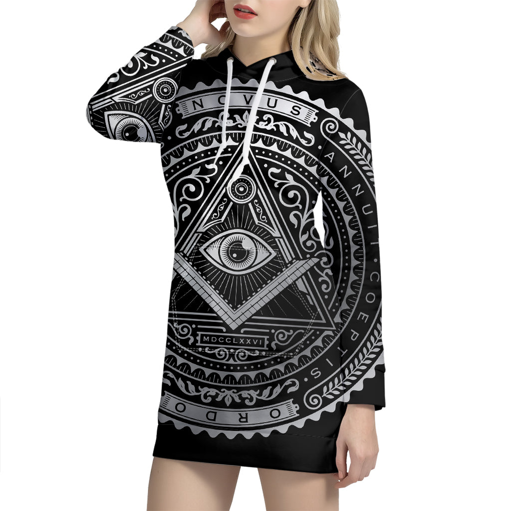 Silver And Black All Seeing Eye Print Pullover Hoodie Dress