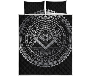 Silver And Black All Seeing Eye Print Quilt Bed Set