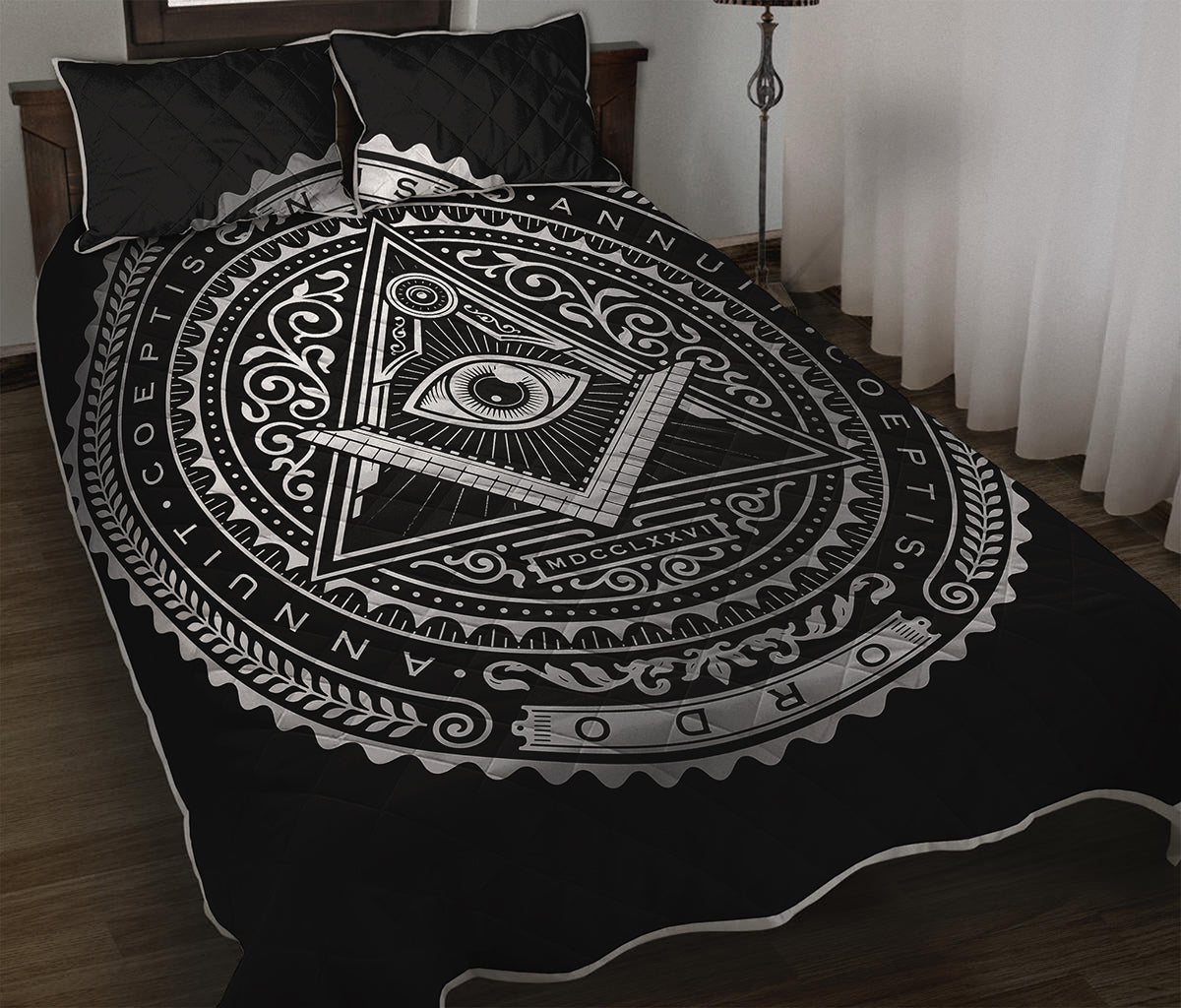 Silver And Black All Seeing Eye Print Quilt Bed Set