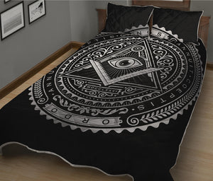 Silver And Black All Seeing Eye Print Quilt Bed Set