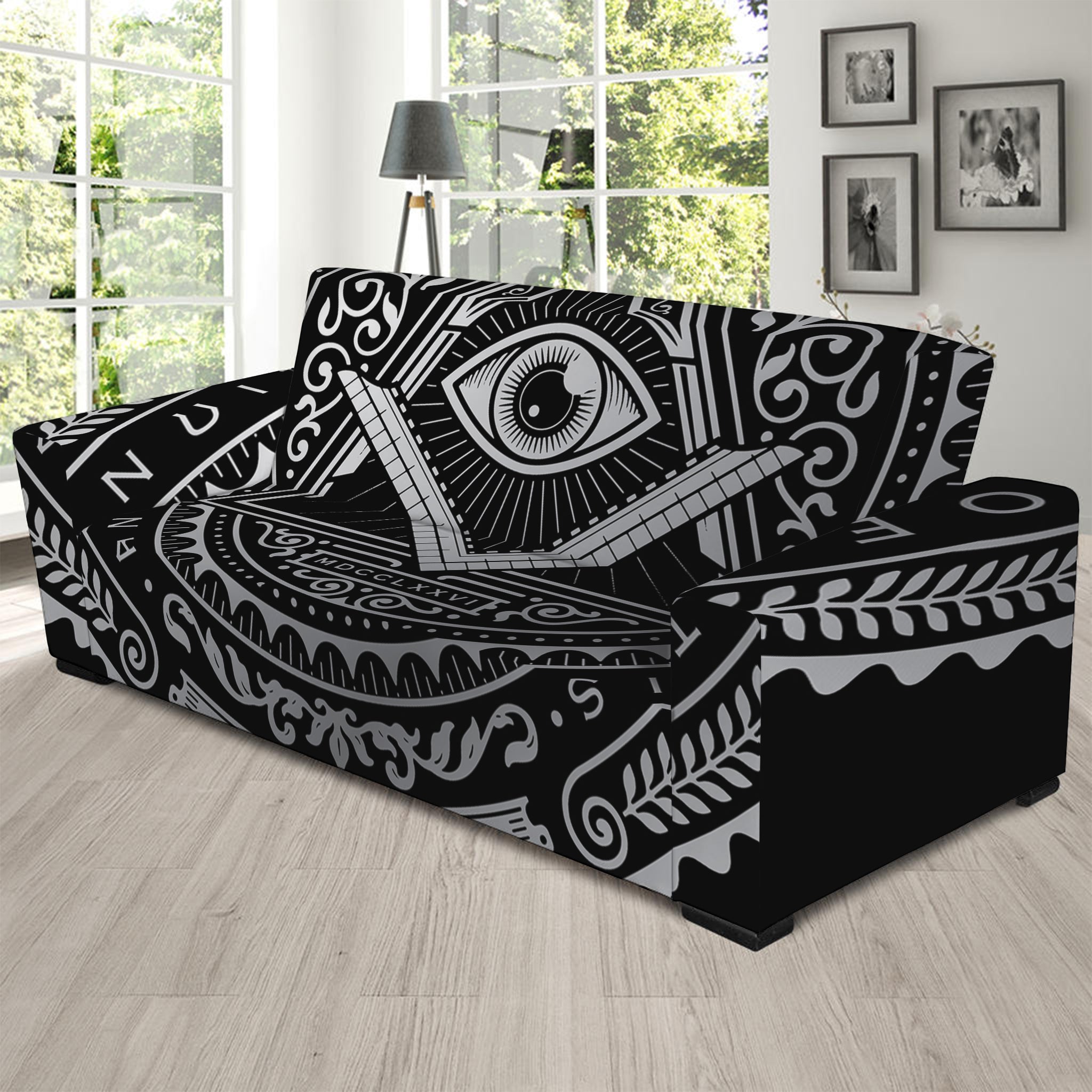 Silver And Black All Seeing Eye Print Sofa Slipcover