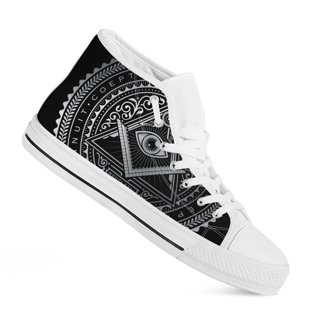 Silver And Black All Seeing Eye Print White High Top Shoes