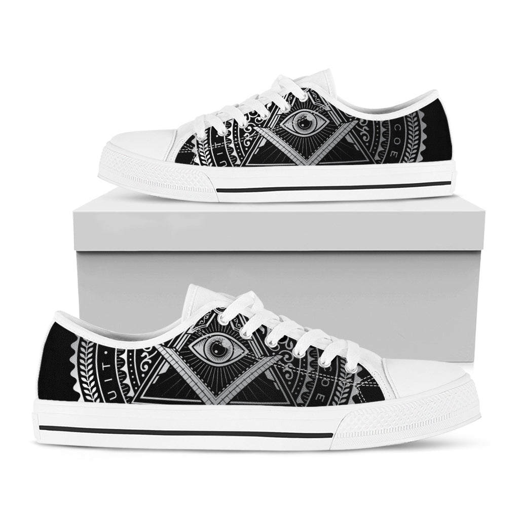 Silver And Black All Seeing Eye Print White Low Top Shoes