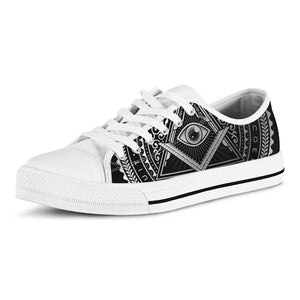 Silver And Black All Seeing Eye Print White Low Top Shoes