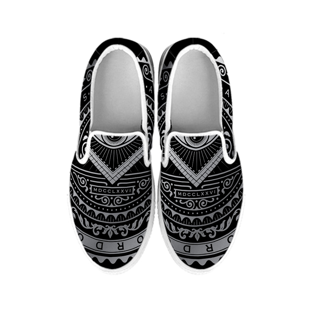 Silver And Black All Seeing Eye Print White Slip On Shoes