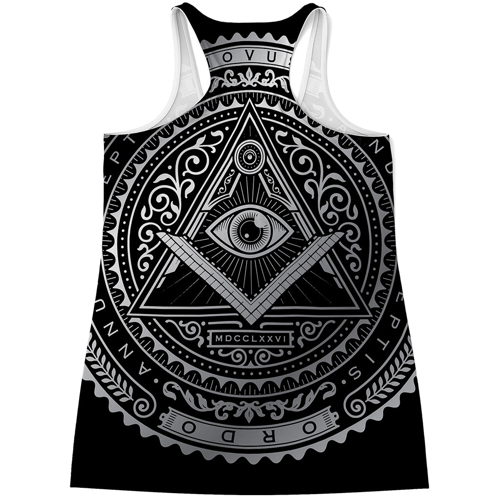 Silver And Black All Seeing Eye Print Women's Racerback Tank Top