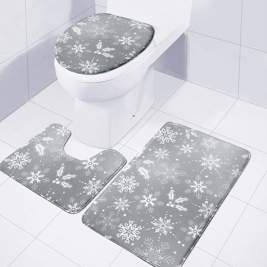 Silver And White Snowflake Pattern Print 3 Piece Bath Mat Set