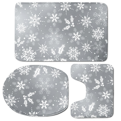 Silver And White Snowflake Pattern Print 3 Piece Bath Mat Set