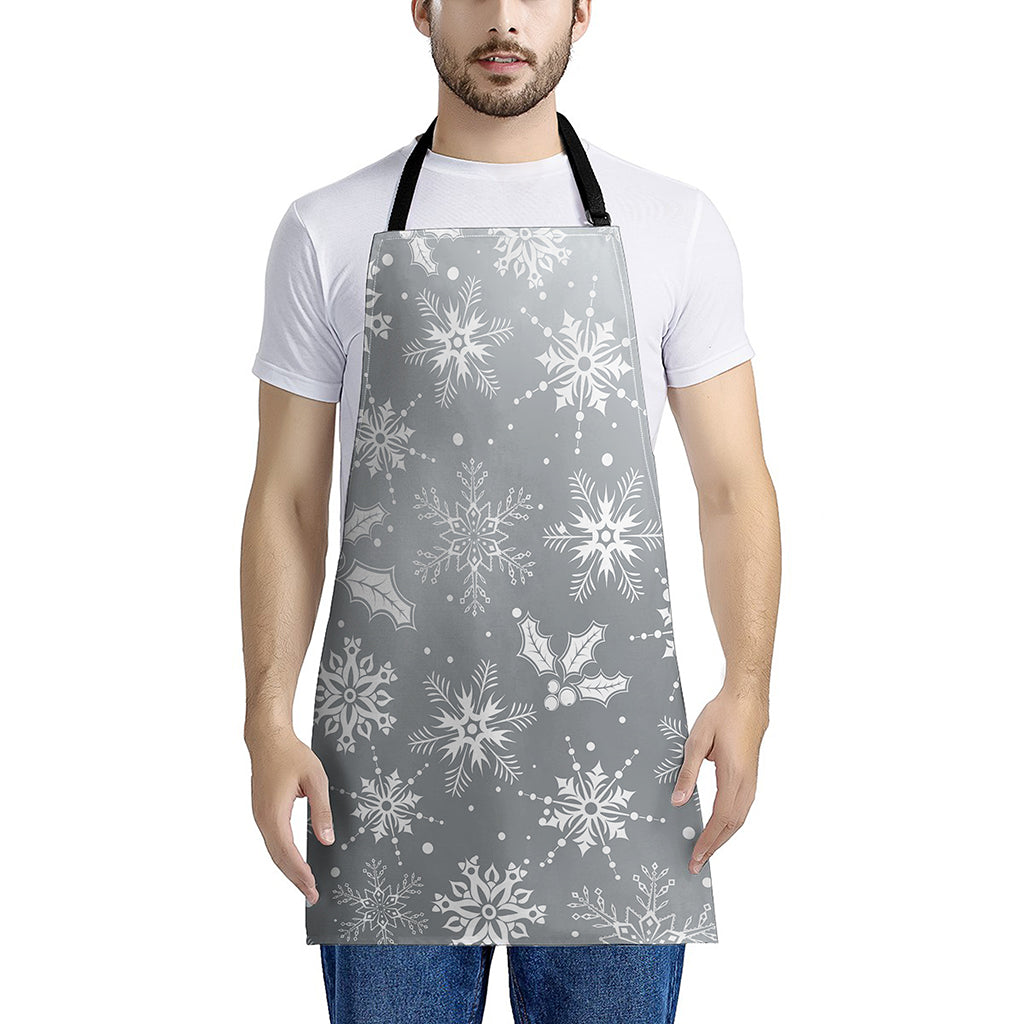Silver And White Snowflake Pattern Print Apron