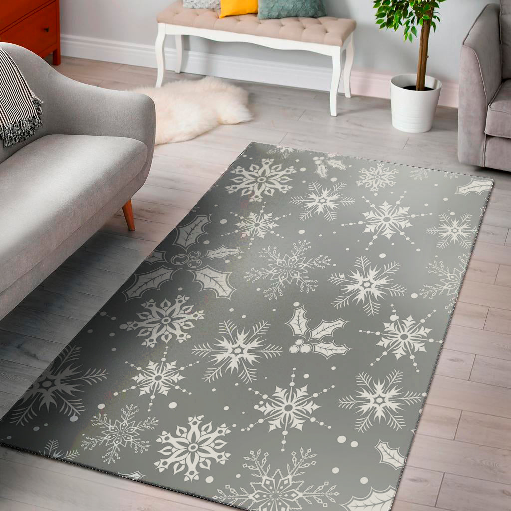Silver And White Snowflake Pattern Print Area Rug