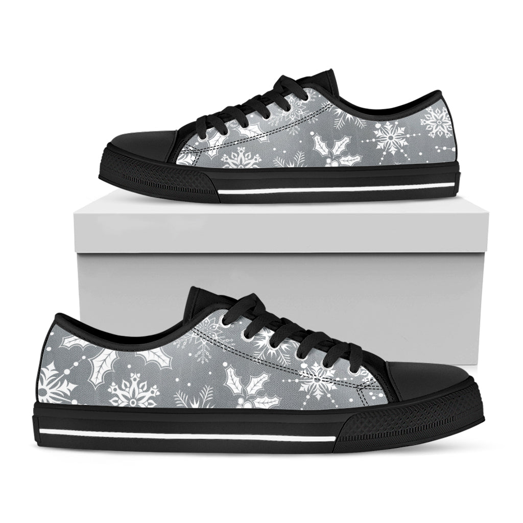 Silver And White Snowflake Pattern Print Black Low Top Shoes