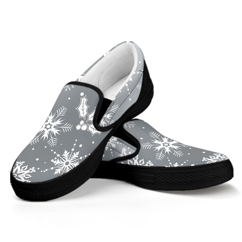 Silver And White Snowflake Pattern Print Black Slip On Shoes