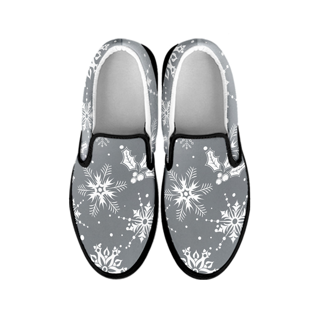 Silver And White Snowflake Pattern Print Black Slip On Shoes