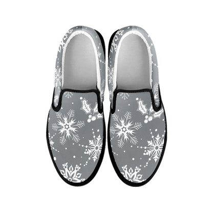 Silver And White Snowflake Pattern Print Black Slip On Shoes