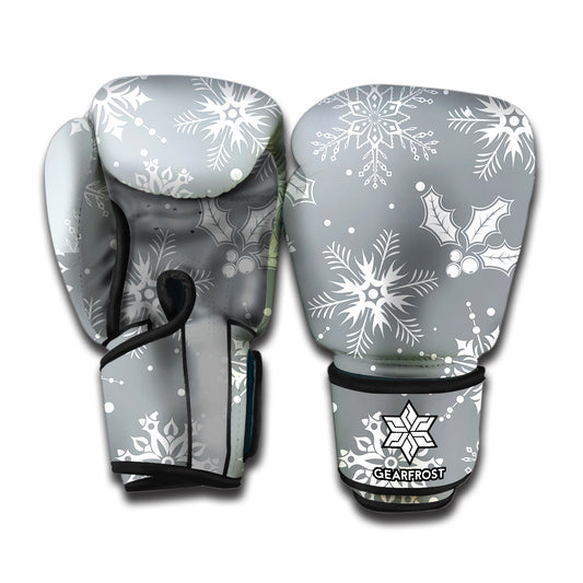 Silver And White Snowflake Pattern Print Boxing Gloves