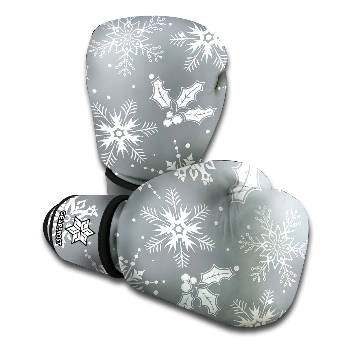 Silver And White Snowflake Pattern Print Boxing Gloves