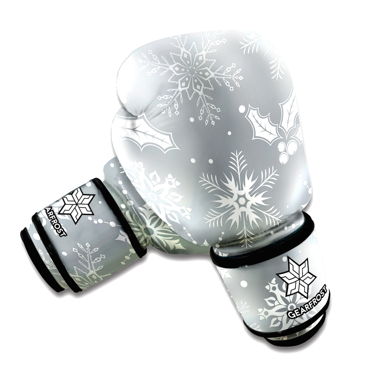 Silver And White Snowflake Pattern Print Boxing Gloves