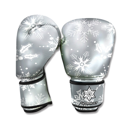 Silver And White Snowflake Pattern Print Boxing Gloves