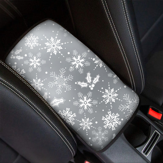 Silver And White Snowflake Pattern Print Car Center Console Cover