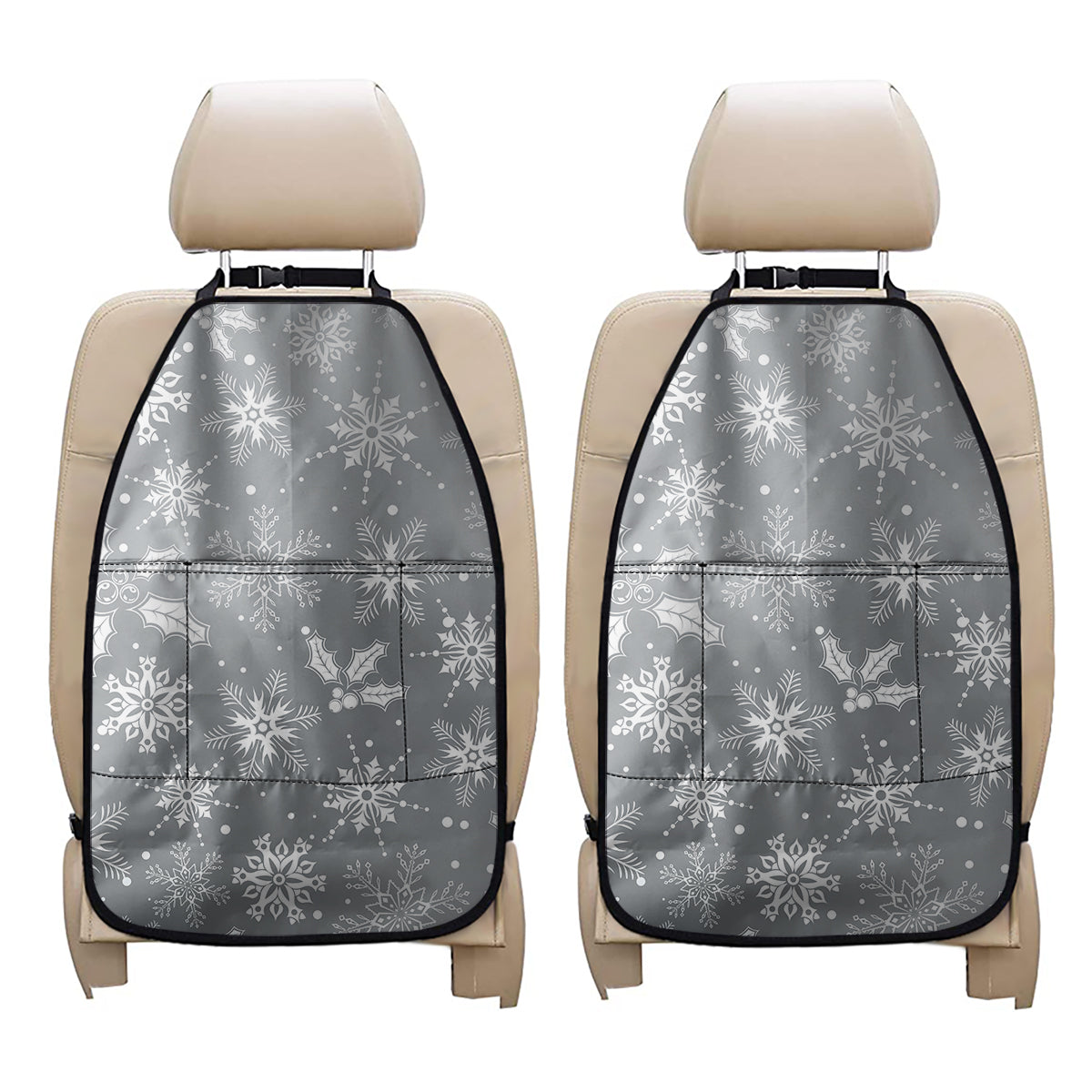 Silver And White Snowflake Pattern Print Car Seat Organizers