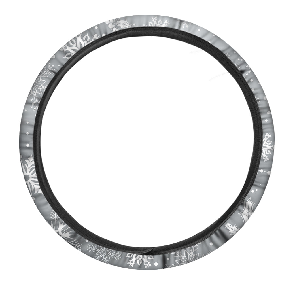 Silver And White Snowflake Pattern Print Car Steering Wheel Cover