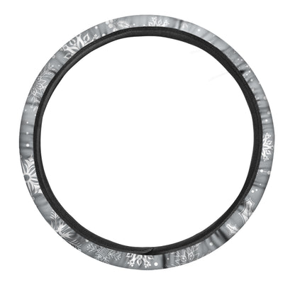 Silver And White Snowflake Pattern Print Car Steering Wheel Cover