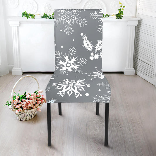 Silver And White Snowflake Pattern Print Dining Chair Slipcover