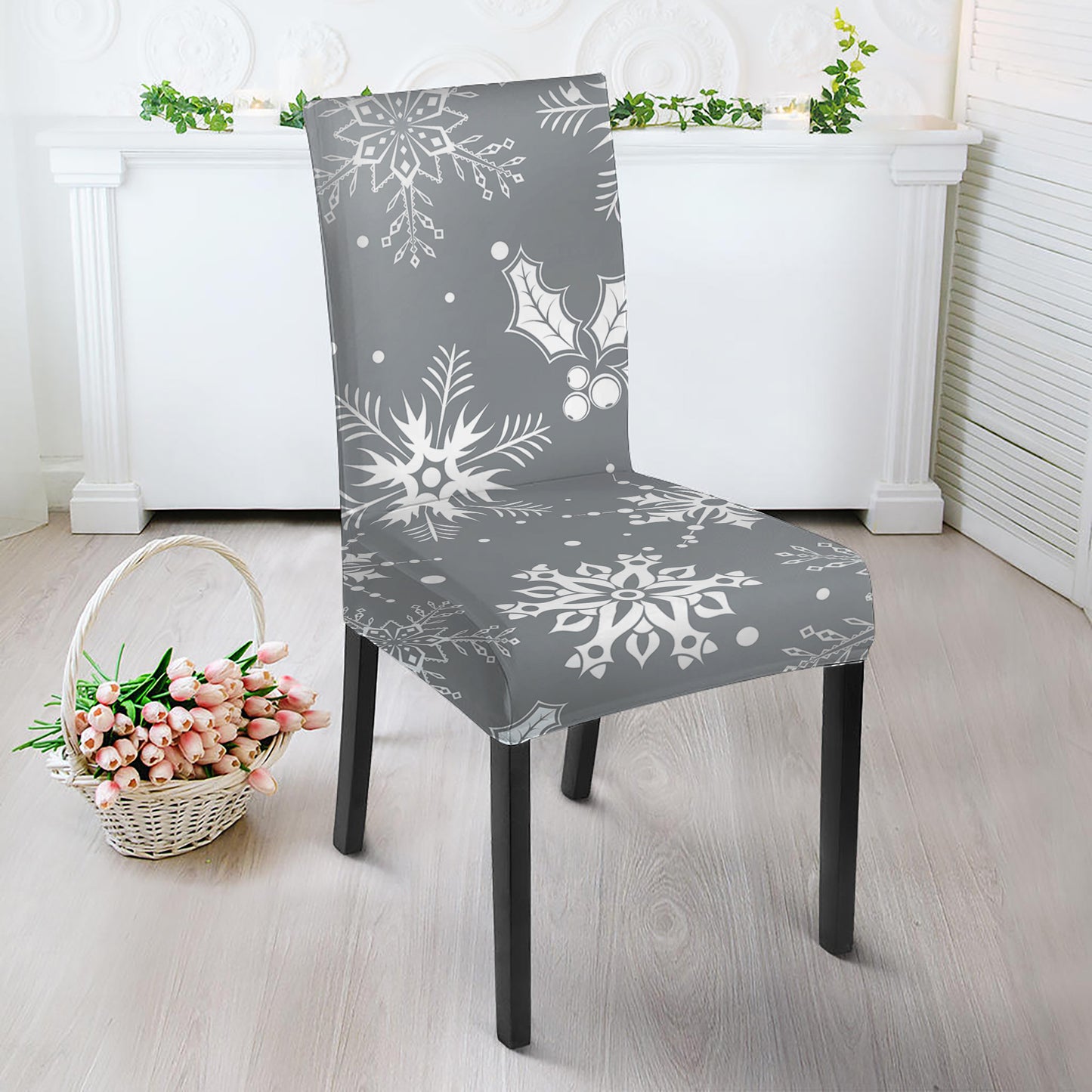 Silver And White Snowflake Pattern Print Dining Chair Slipcover