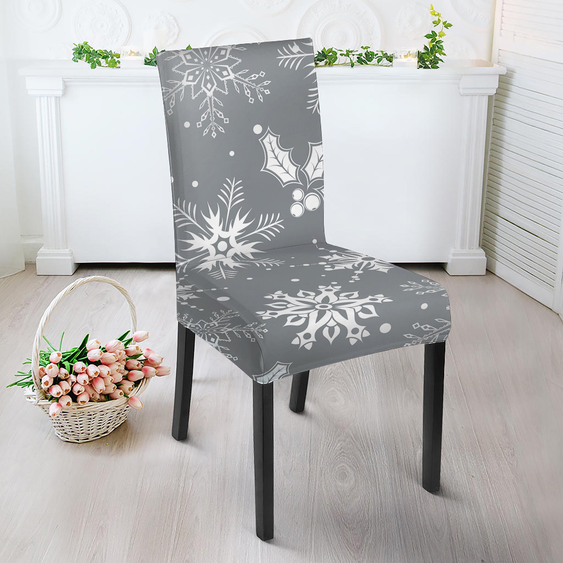 Silver And White Snowflake Pattern Print Dining Chair Slipcover