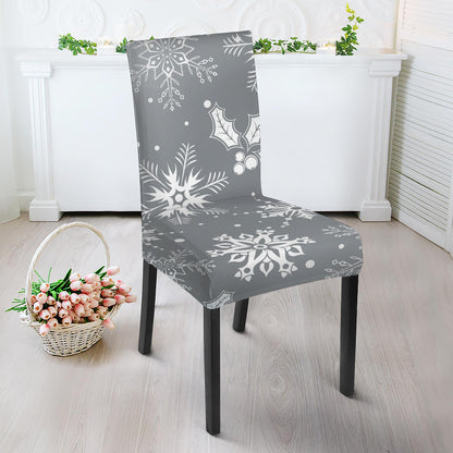 Silver And White Snowflake Pattern Print Dining Chair Slipcover