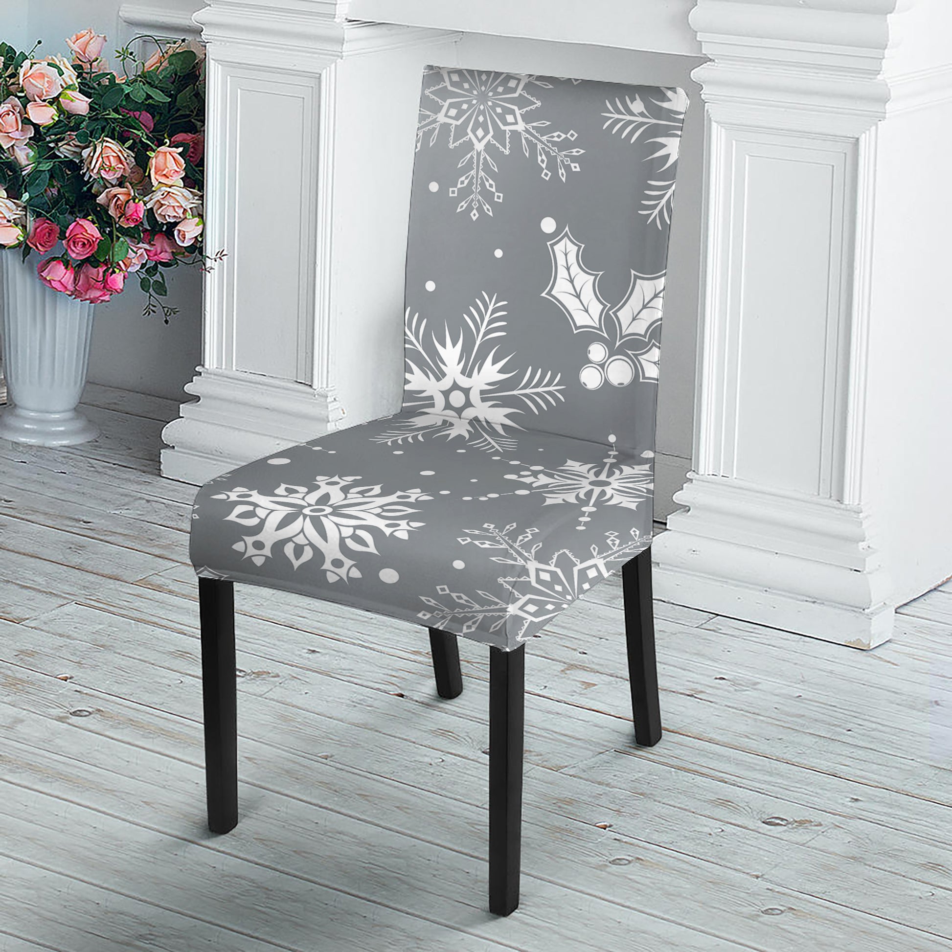 Silver And White Snowflake Pattern Print Dining Chair Slipcover
