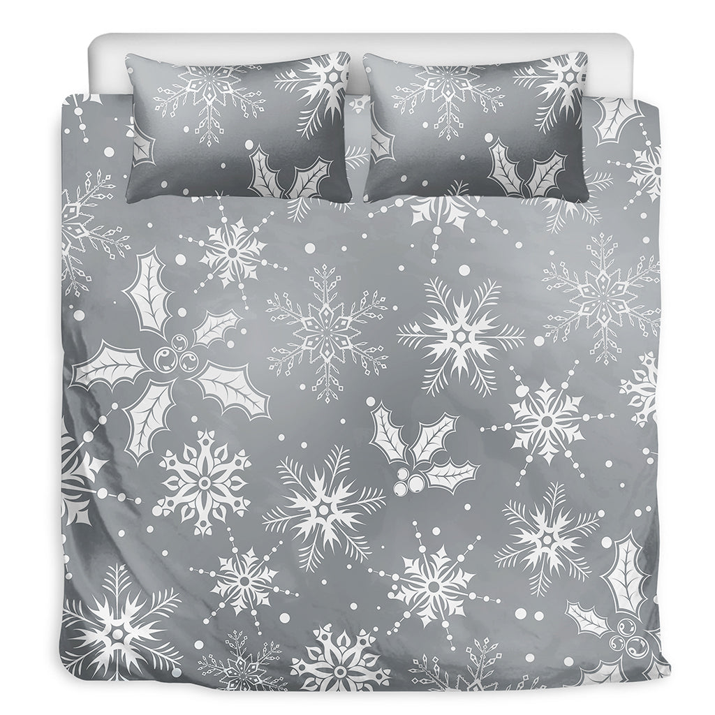 Silver And White Snowflake Pattern Print Duvet Cover Bedding Set