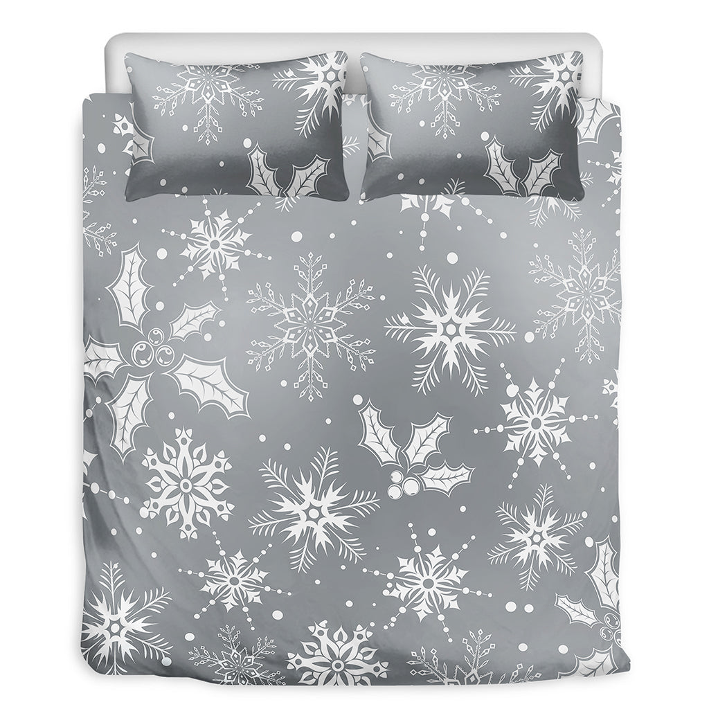 Silver And White Snowflake Pattern Print Duvet Cover Bedding Set