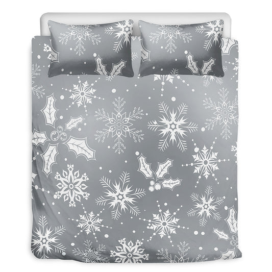 Silver And White Snowflake Pattern Print Duvet Cover Bedding Set