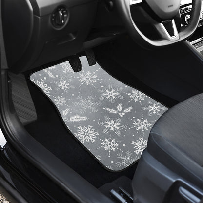 Silver And White Snowflake Pattern Print Front and Back Car Floor Mats