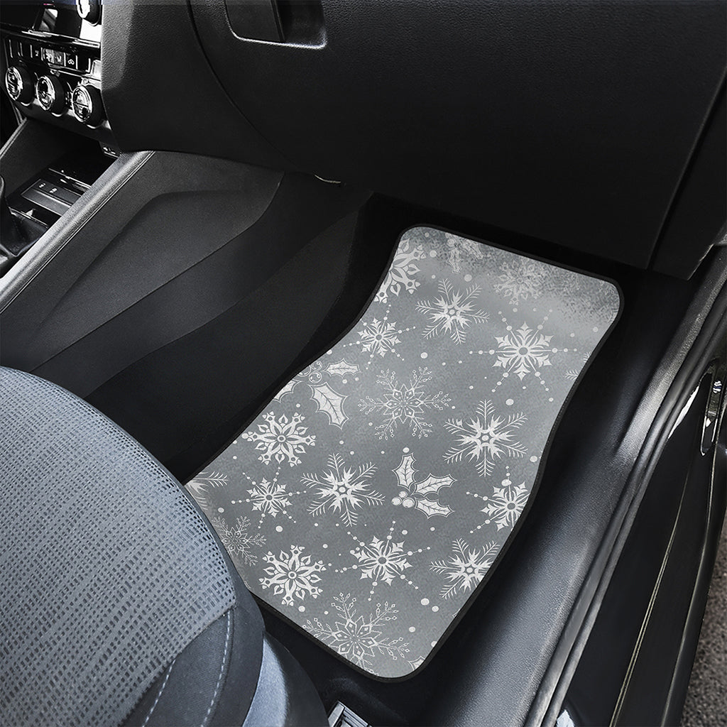Silver And White Snowflake Pattern Print Front and Back Car Floor Mats