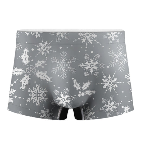 Silver And White Snowflake Pattern Print Men's Boxer Briefs