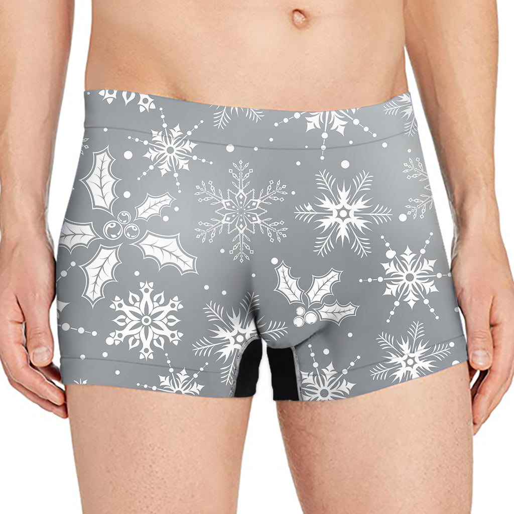 Silver And White Snowflake Pattern Print Men's Boxer Briefs