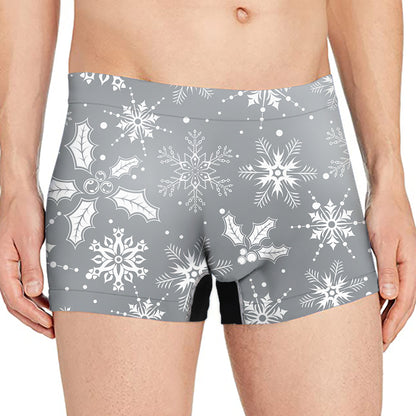 Silver And White Snowflake Pattern Print Men's Boxer Briefs