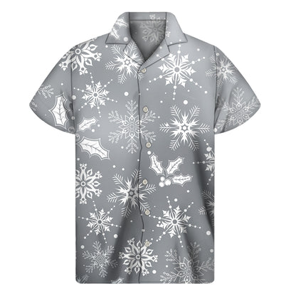 Silver And White Snowflake Pattern Print Men's Short Sleeve Shirt