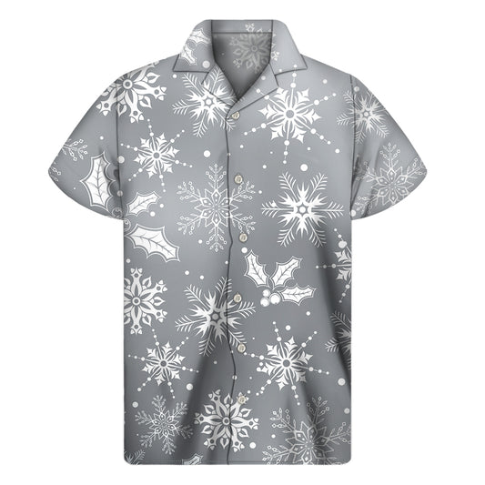 Silver And White Snowflake Pattern Print Men's Short Sleeve Shirt